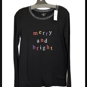 NWT LOFT Black W/Christmas Merry and Bright Graphic Long Sleeve Tee  Sz …